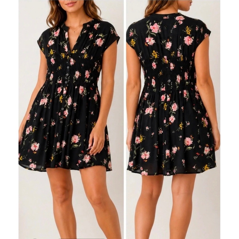 Free People Greatest day Black Floral Smocked Waist Button Front Mini Dress L